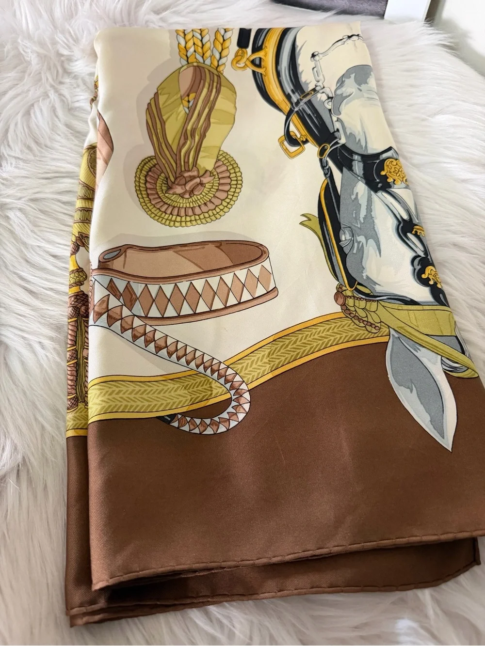 Hermès Paris Equestrian Silk Scarf in Cream, Gold and Brown - Picture 9 of 16